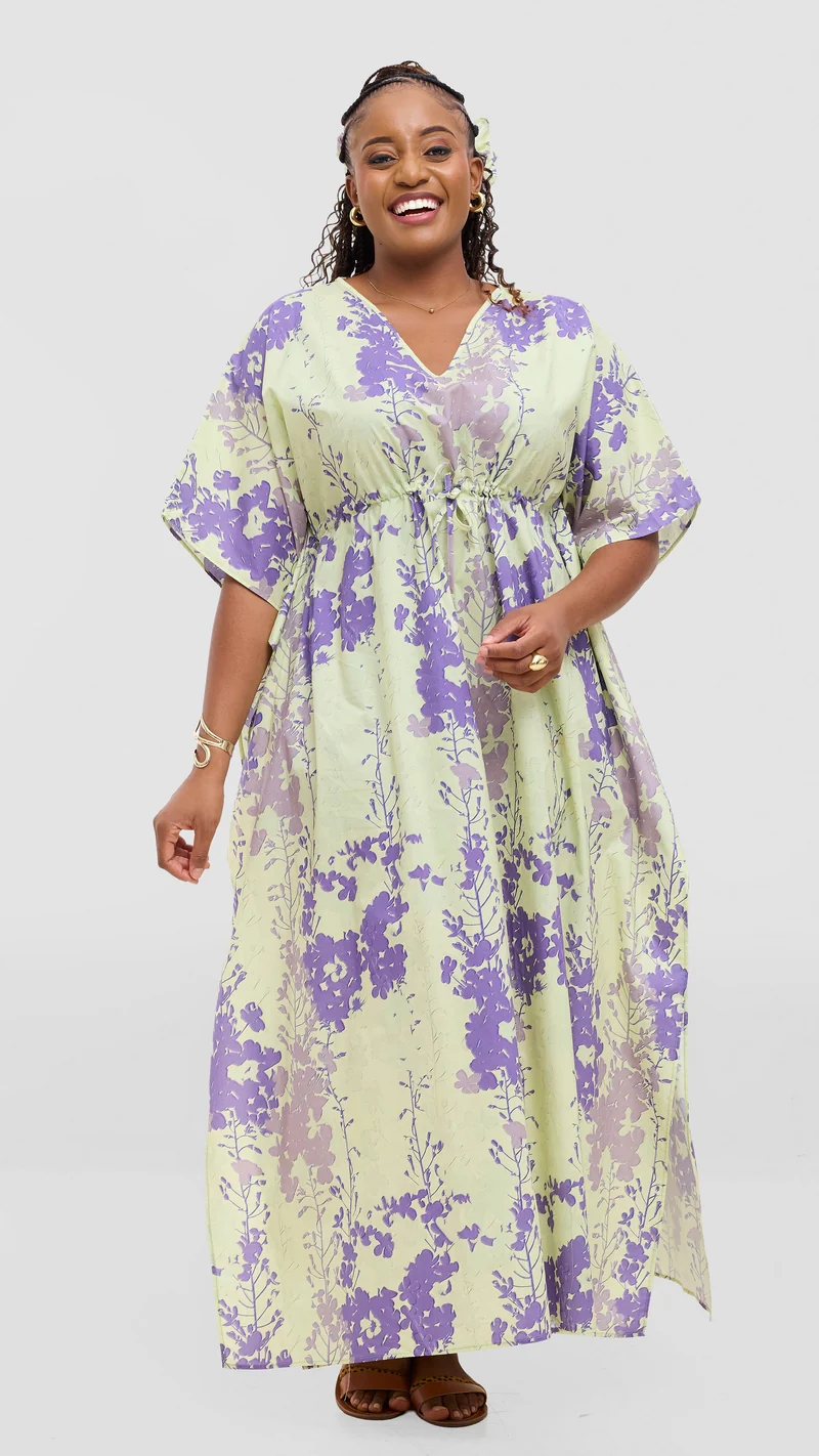 Safari by Vivo Cotton Wide Drawstring Kaftan - Light Olive / Purple Print