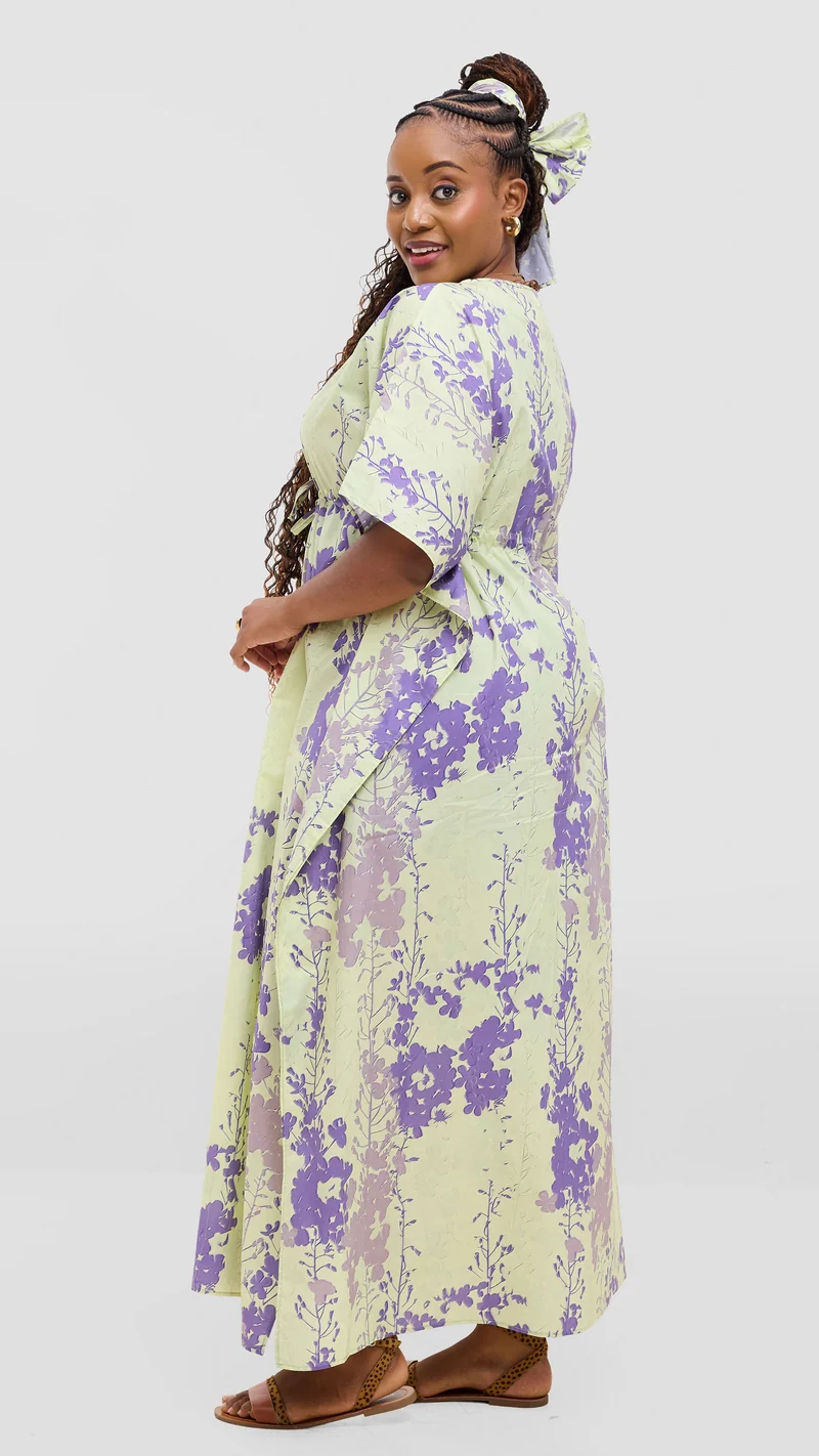 Safari by Vivo Cotton Wide Drawstring Kaftan - Light Olive / Purple Print