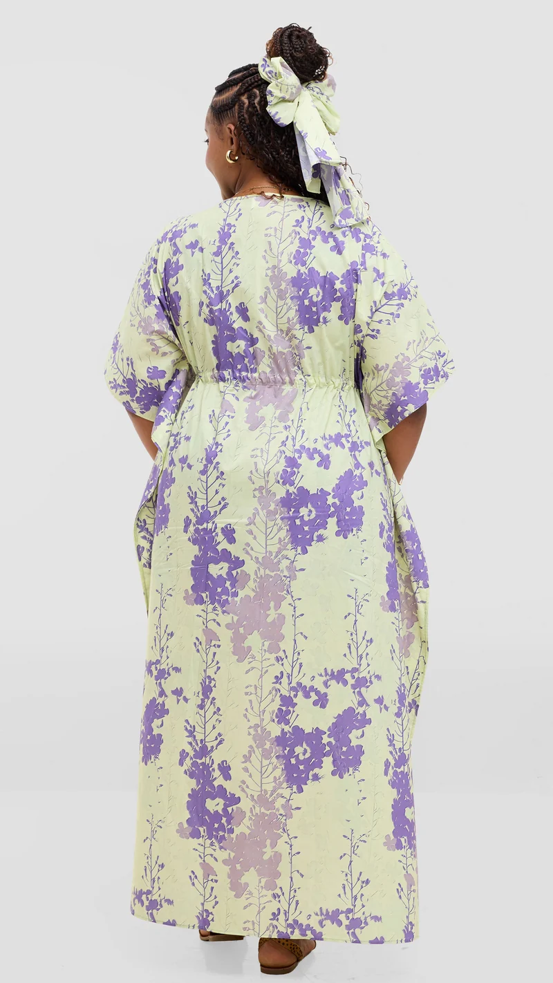 Safari by Vivo Cotton Wide Drawstring Kaftan - Light Olive / Purple Print