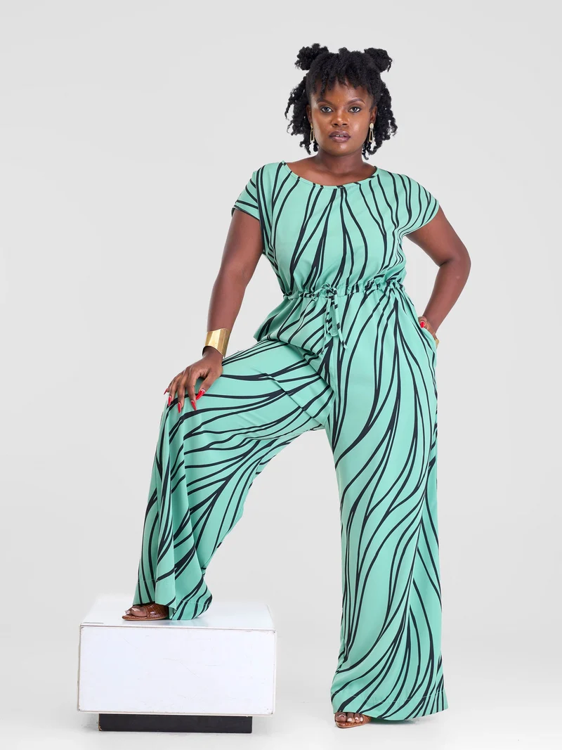 Vivo Sakari Drop Shoulder Jumpsuit - Lime Green Sari Print