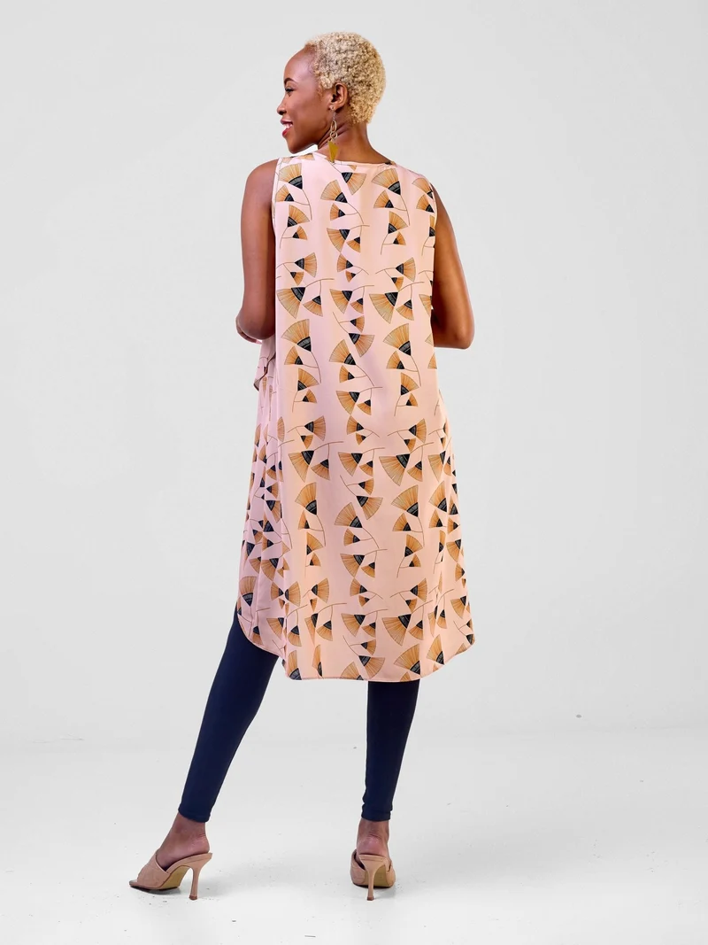 Vivo Mira V-Neck Overlap Top - Peach / Brown Fan Print
