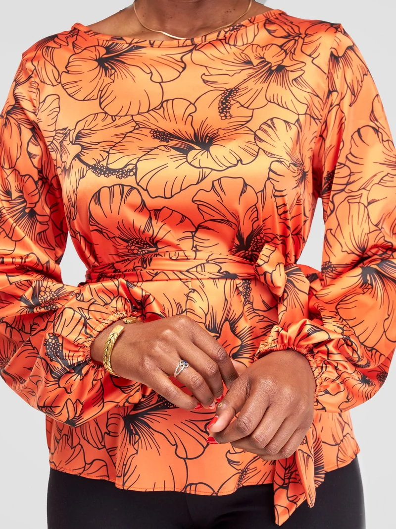 Vivo Basic Satin Bishop Sleeved Top - Orange Hibi Print