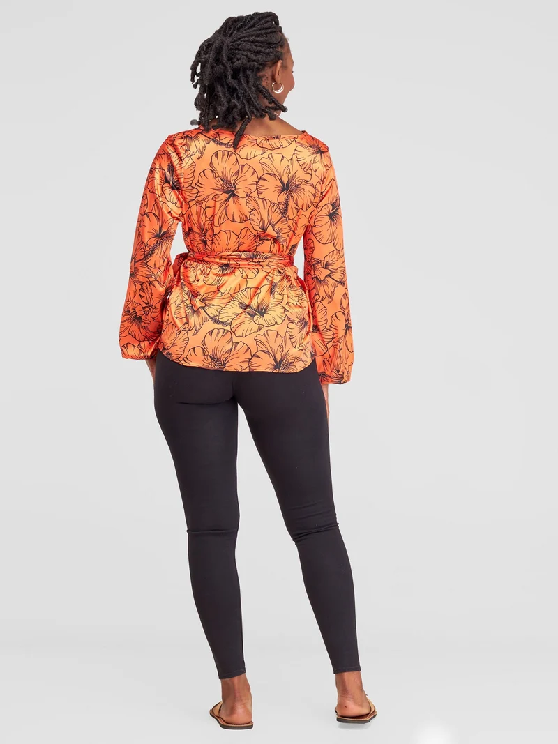 Vivo Basic Satin Bishop Sleeved Top - Orange Hibi Print