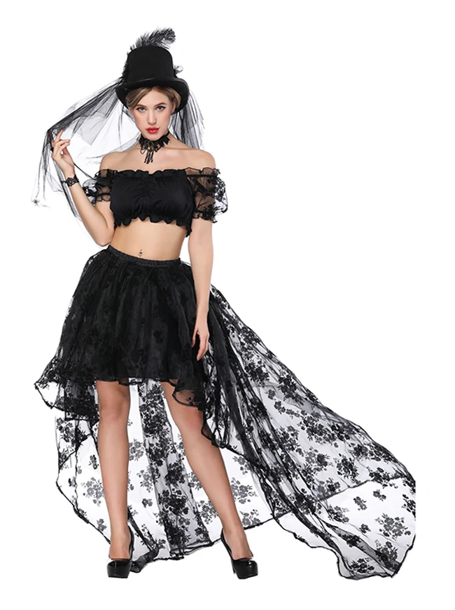 2 Stück Halloween Steampunk Off Shoulder Crop Top mit Rock Set