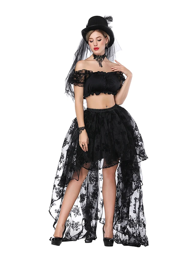 2 Stück Halloween Steampunk Off Shoulder Crop Top mit Rock Set