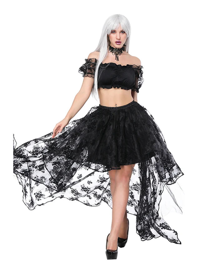 2 Stück Halloween Steampunk Off Shoulder Crop Top mit Rock Set