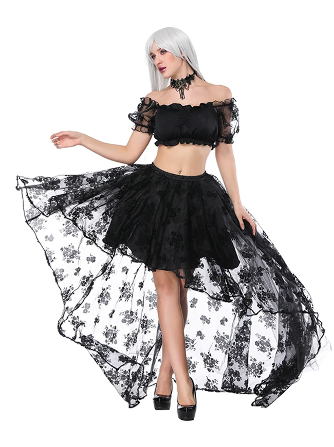 2 Stück Halloween Steampunk Off Shoulder Crop Top mit Rock Set