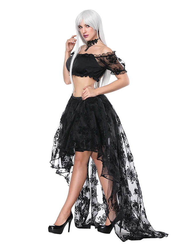 2 Stück Halloween Steampunk Off Shoulder Crop Top mit Rock Set