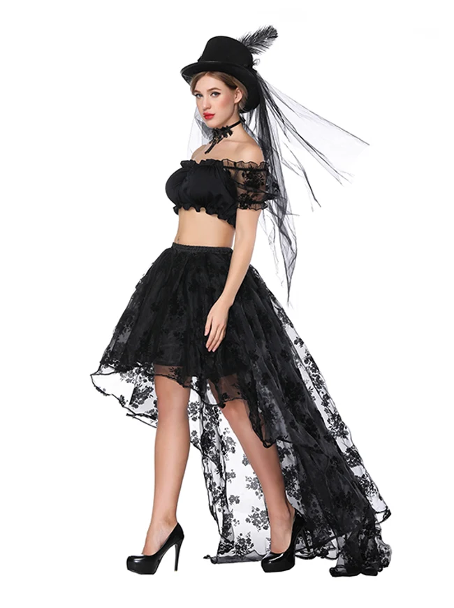 2 Stück Halloween Steampunk Off Shoulder Crop Top mit Rock Set