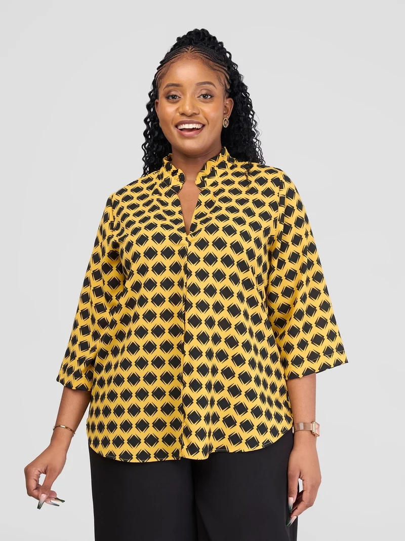 Vivo Saida 3/4 Sleeve Top - Mustard/Black Gola Print