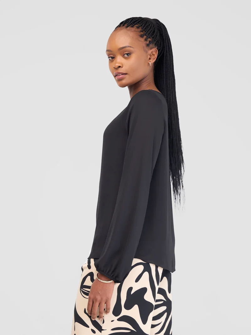 Vivo Bishop Sleeve Top in Chiffon (Double Layered) - Black