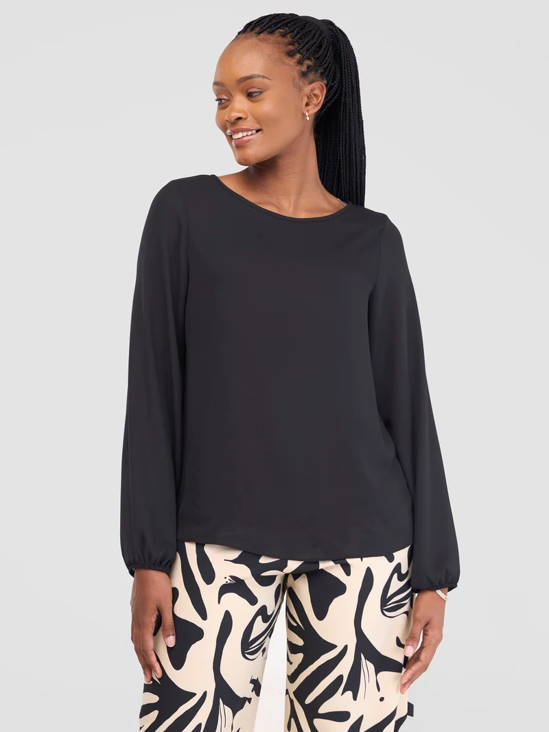 Vivo Bishop Sleeve Top in Chiffon (Double Layered) - Black