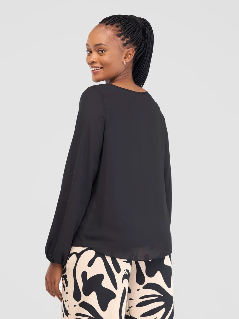 Vivo Bishop Sleeve Top in Chiffon (Double Layered) - Black