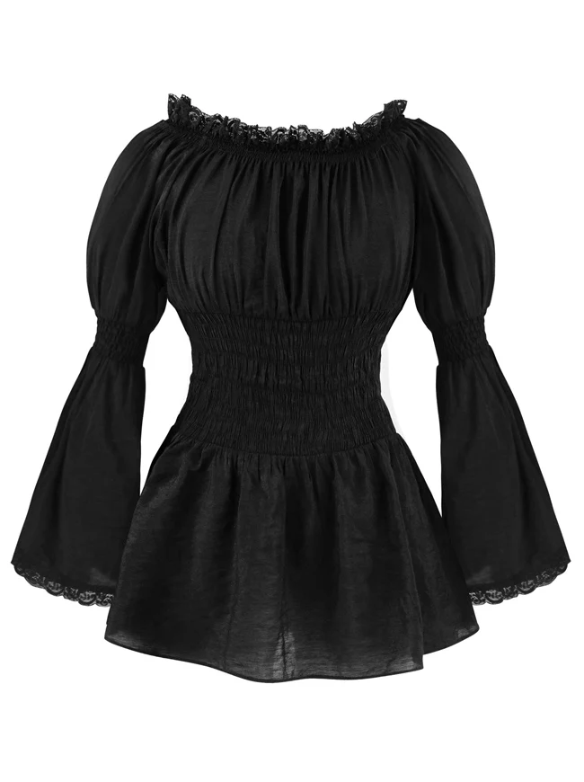 Langärmlige schulterfreie Bluse mit Spitzenbesatz