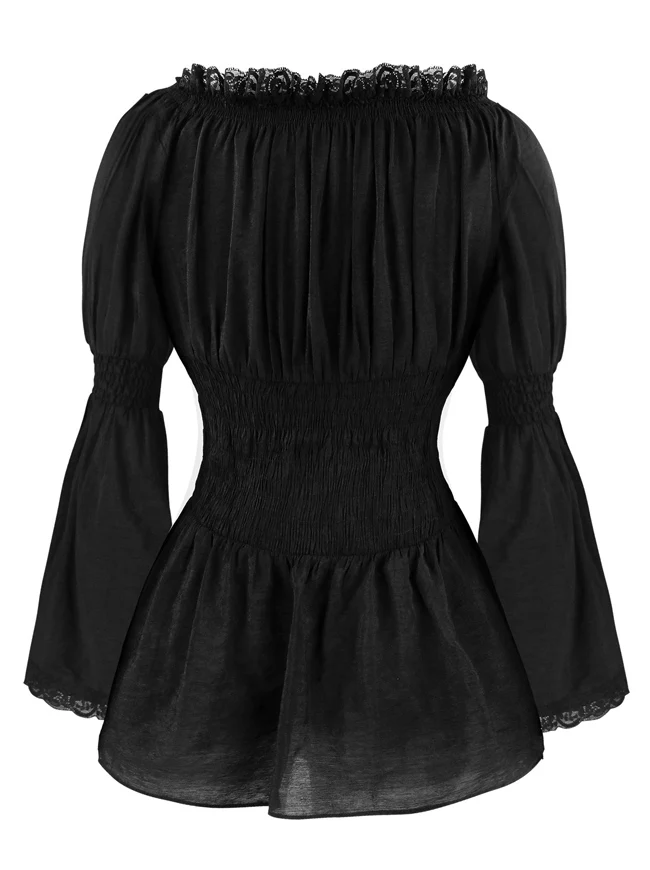 Langärmlige schulterfreie Bluse mit Spitzenbesatz