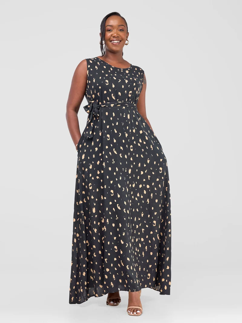Vivo Maua Sleeveless Maxi Tent Dress - Black / Beige Print