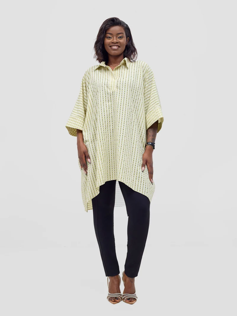 Vivo Mistari 3/4 Sleeve V - Neck Collared Tunic Top - Light Olive Checkered