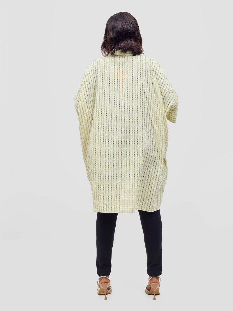 Vivo Mistari 3/4 Sleeve V - Neck Collared Tunic Top - Light Olive Checkered