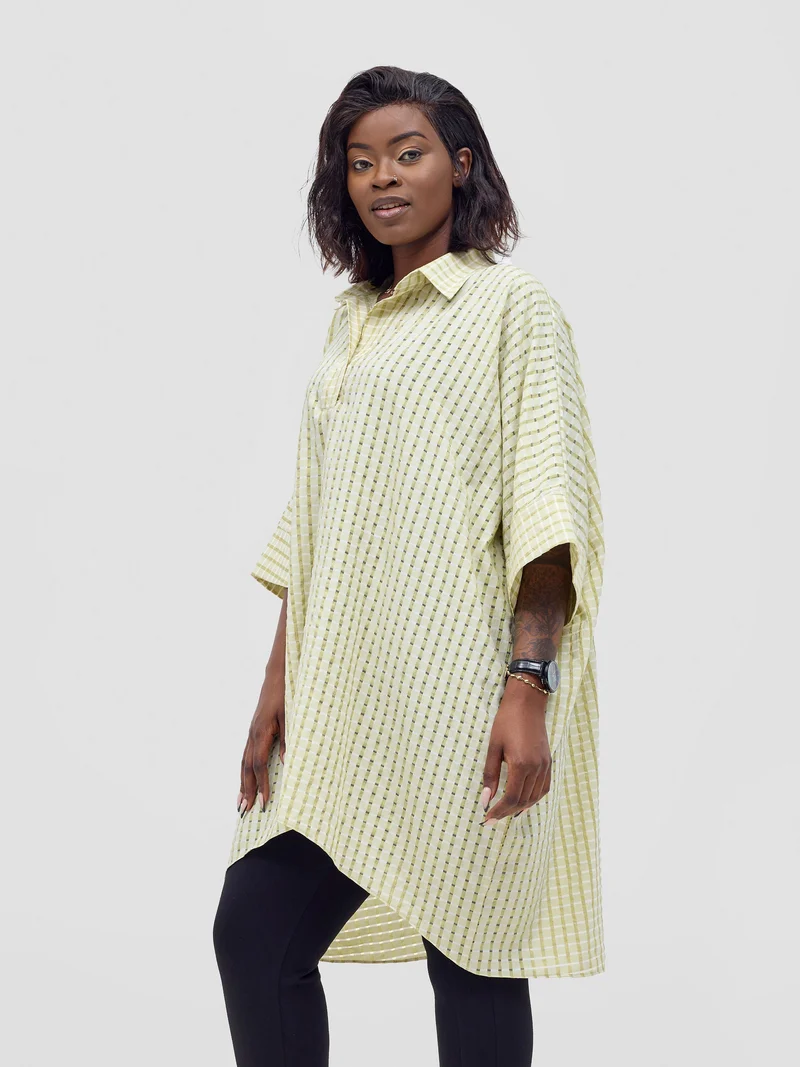 Vivo Mistari 3/4 Sleeve V - Neck Collared Tunic Top - Light Olive Checkered