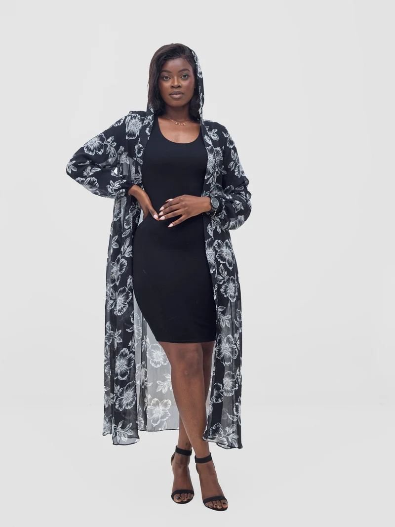 Vivo Basic Hooded Kimono - Black / Yellow Print