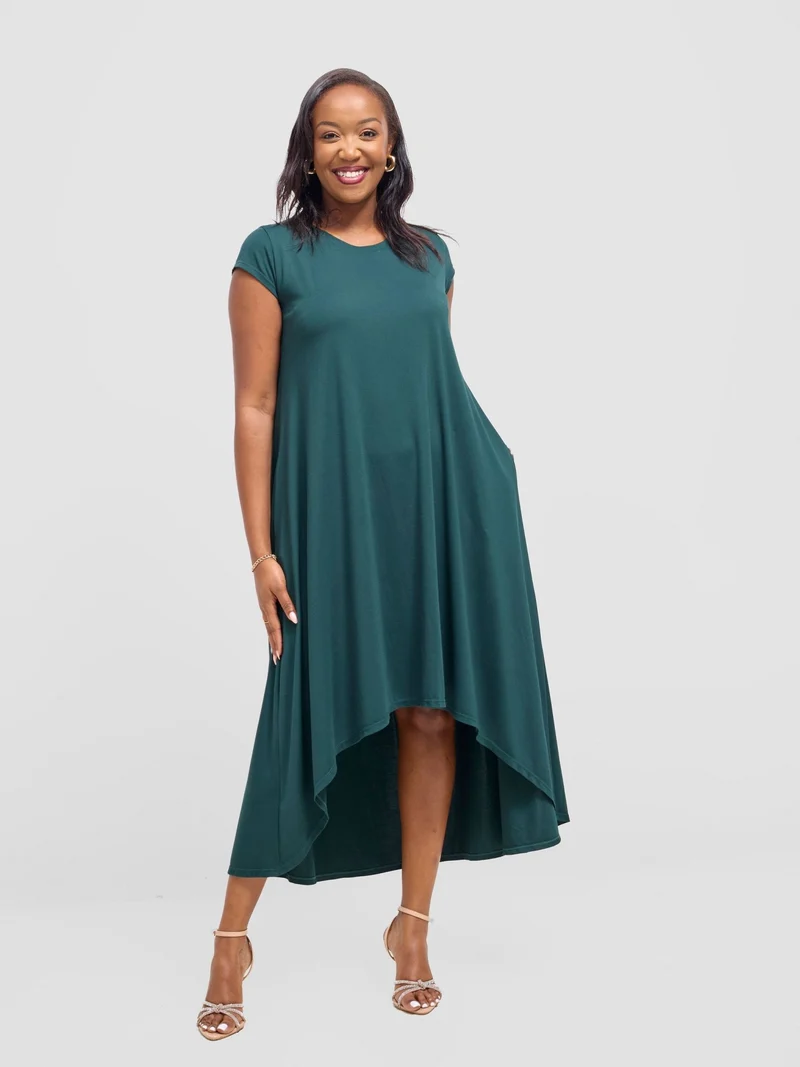 Vivo Ponte Back Pleat High Low Dress - Dark Green