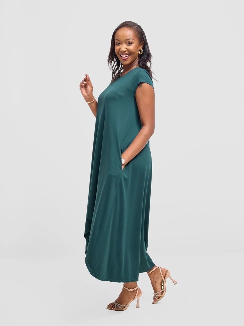 Vivo Ponte Back Pleat High Low Dress - Dark Green