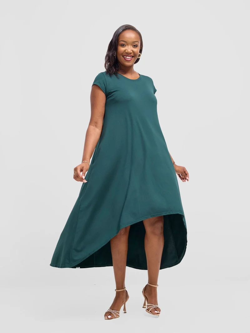 Vivo Ponte Back Pleat High Low Dress - Dark Green