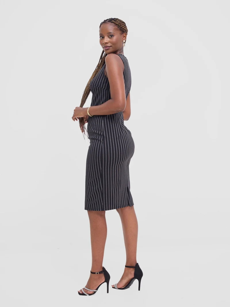 Vivo Paji Round Neck Sheath Dress - Black / White Stripes