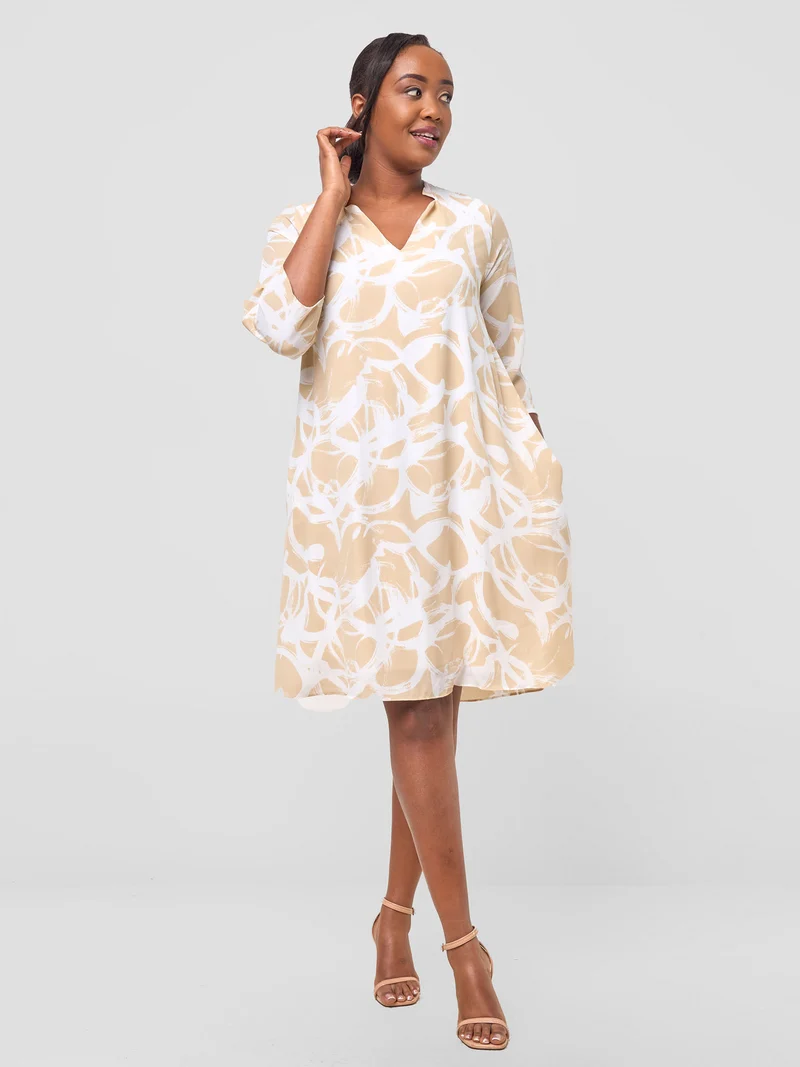 Vivo Pesi Notch Collar Tent Dress - Taupe / White Print