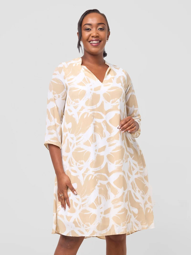 Vivo Pesi Notch Collar Tent Dress - Taupe / White Print