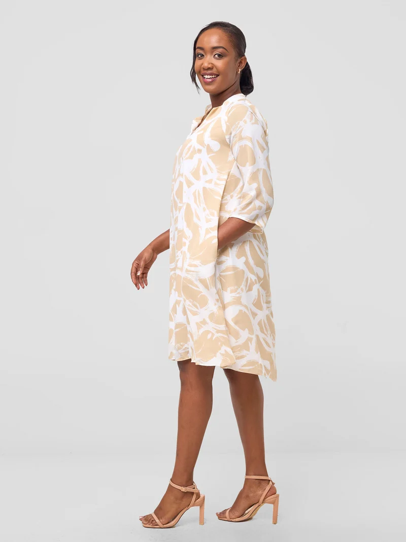 Vivo Pesi Notch Collar Tent Dress - Taupe / White Print