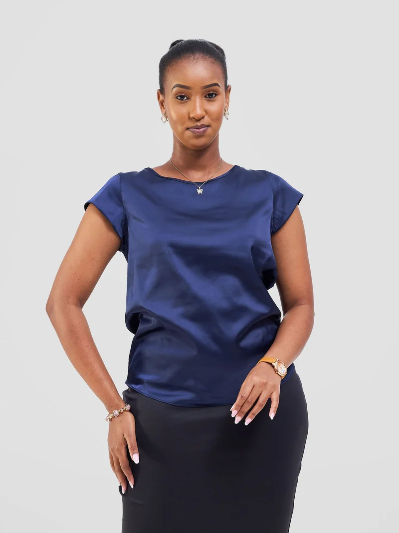 Vivo Basic Cap Sleeve Top in Satin - Navy Blue