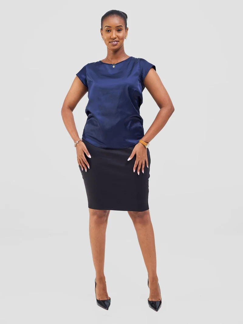Vivo Basic Cap Sleeve Top in Satin - Navy Blue