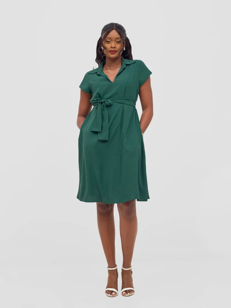 Vivo Zuri Cap Sleeve Knee Length Dress - Dark Green