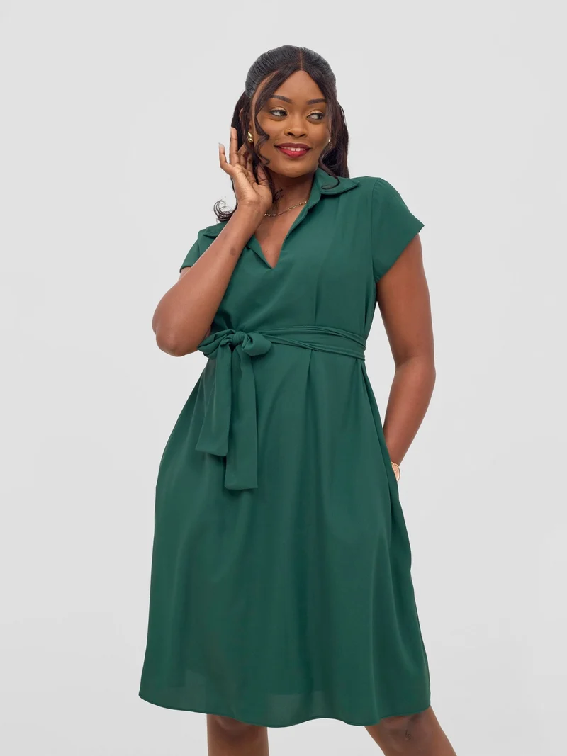 Vivo Zuri Cap Sleeve Knee Length Dress - Dark Green