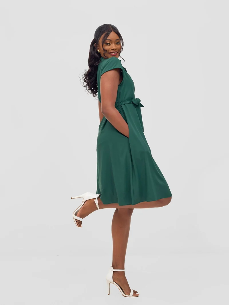 Vivo Zuri Cap Sleeve Knee Length Dress - Dark Green