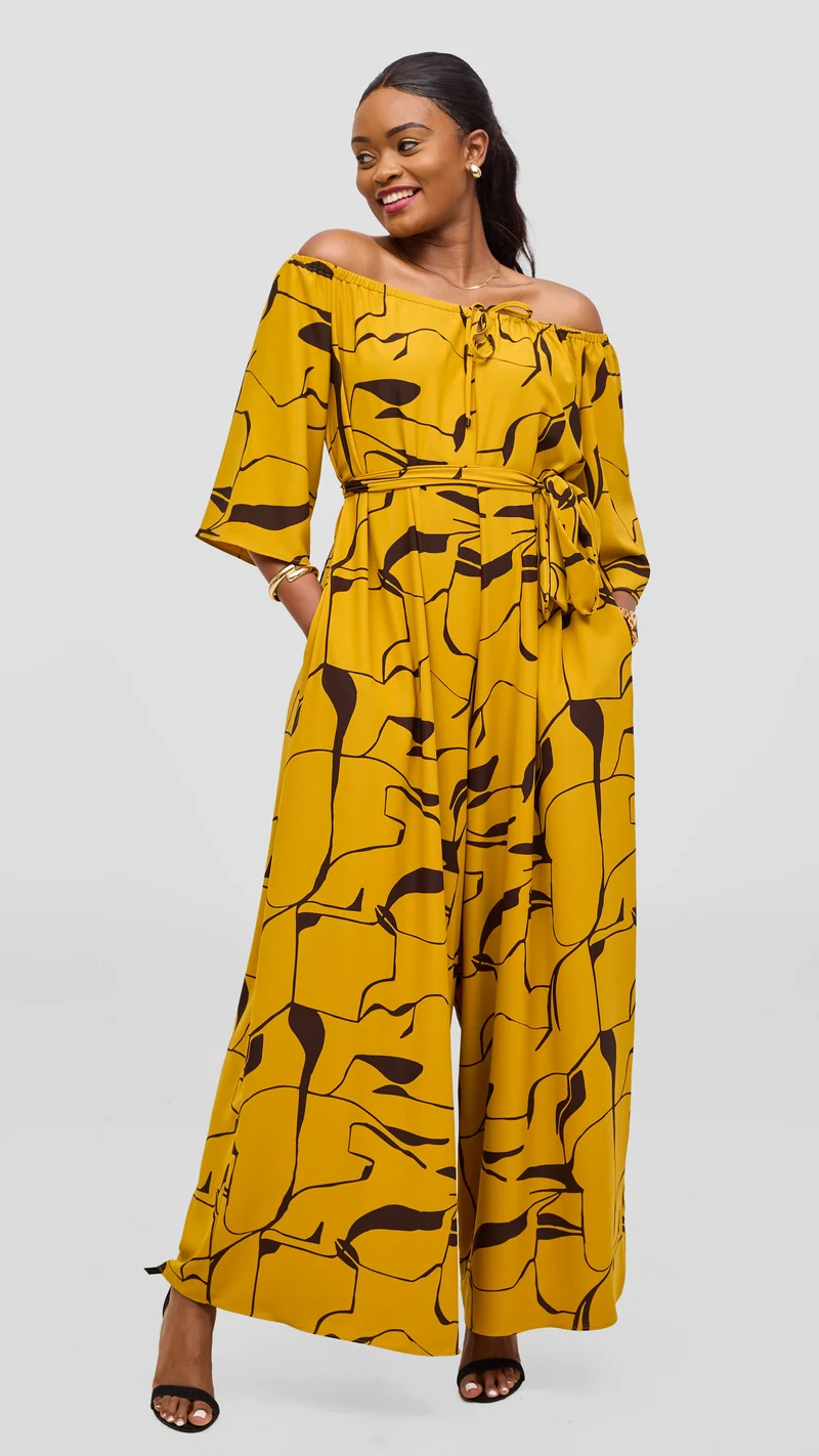 Vivo Zahari 3/4 Sleeve Off Shoulder Jumpsuit - Mustard / Chocolate Ziza Print