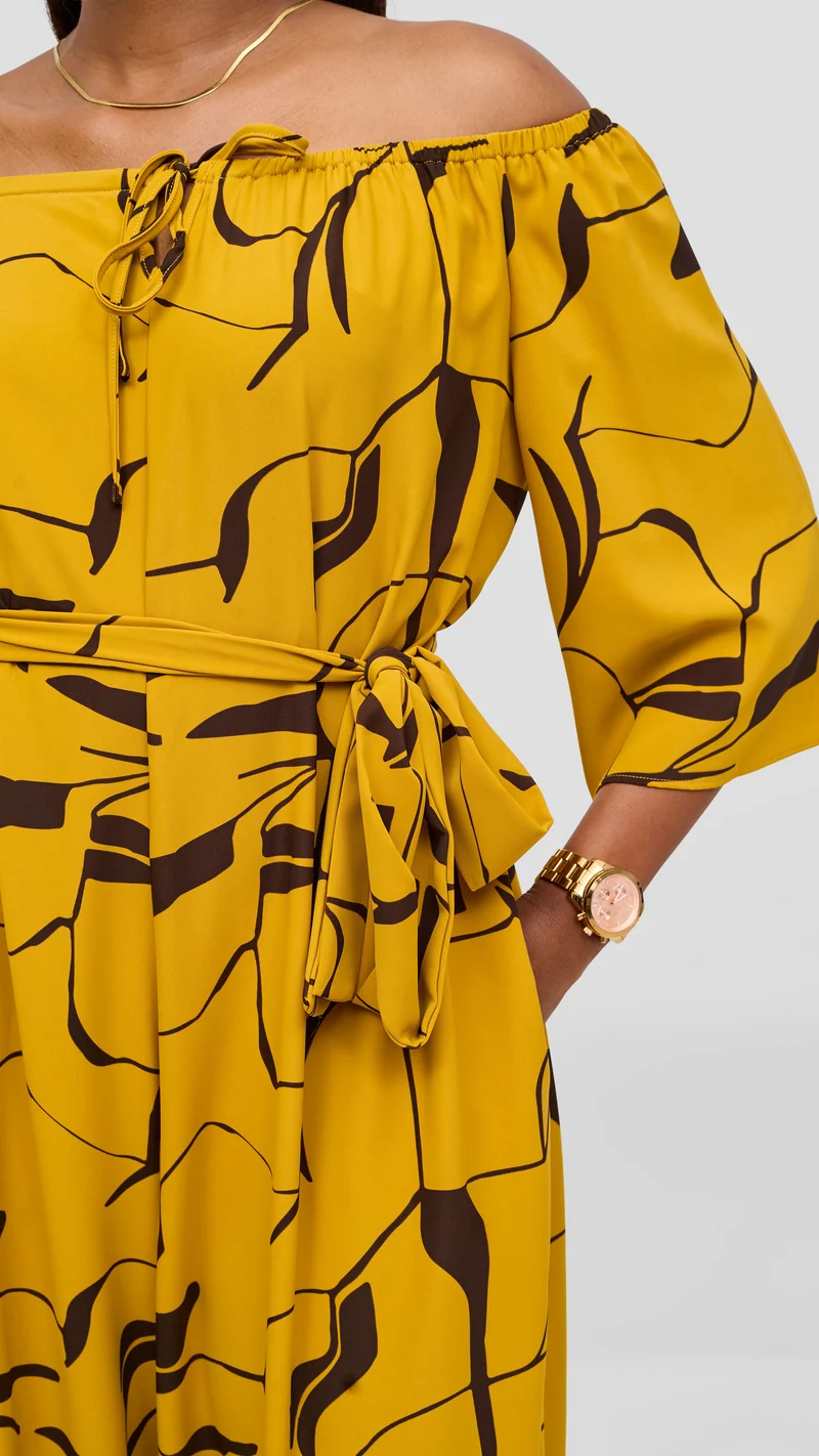 Vivo Zahari 3/4 Sleeve Off Shoulder Jumpsuit - Mustard / Chocolate Ziza Print