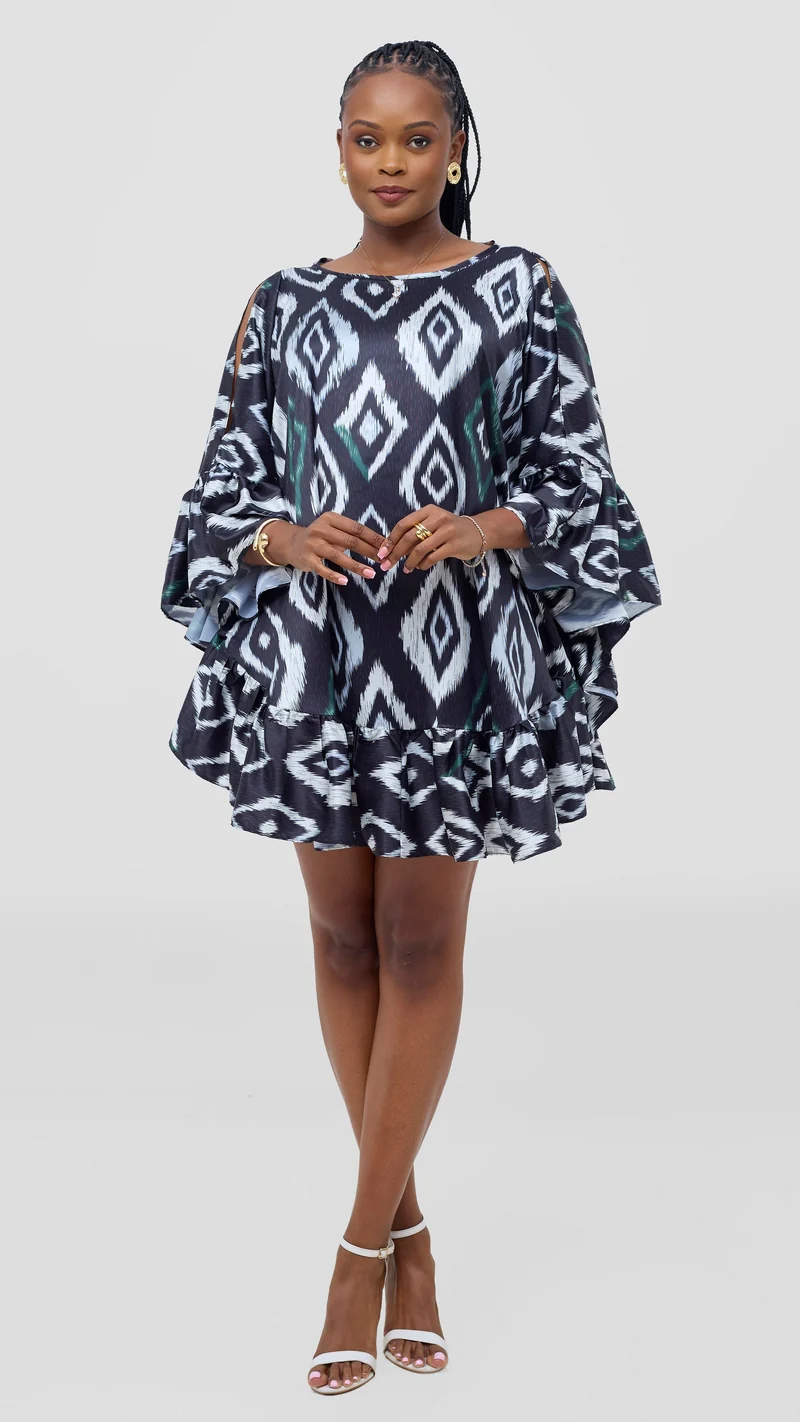 Vivo Chidii Tunic Dress With Frills - Dark Navy Textured Print