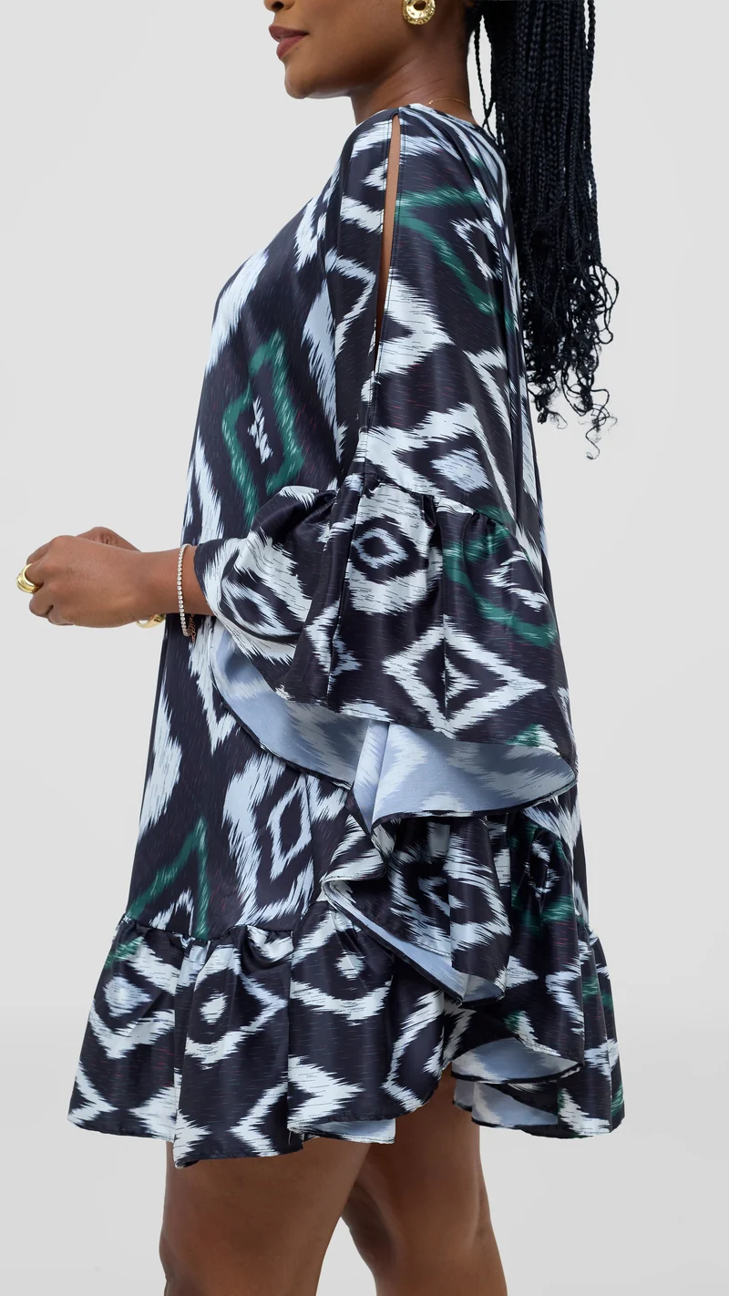 Vivo Chidii Tunic Dress With Frills - Dark Navy Textured Print
