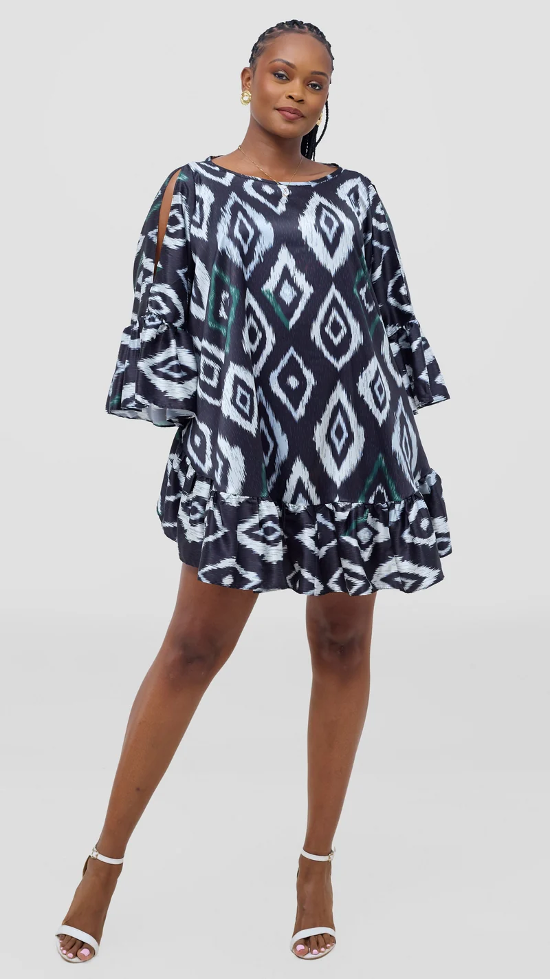 Vivo Chidii Tunic Dress With Frills - Dark Navy Textured Print