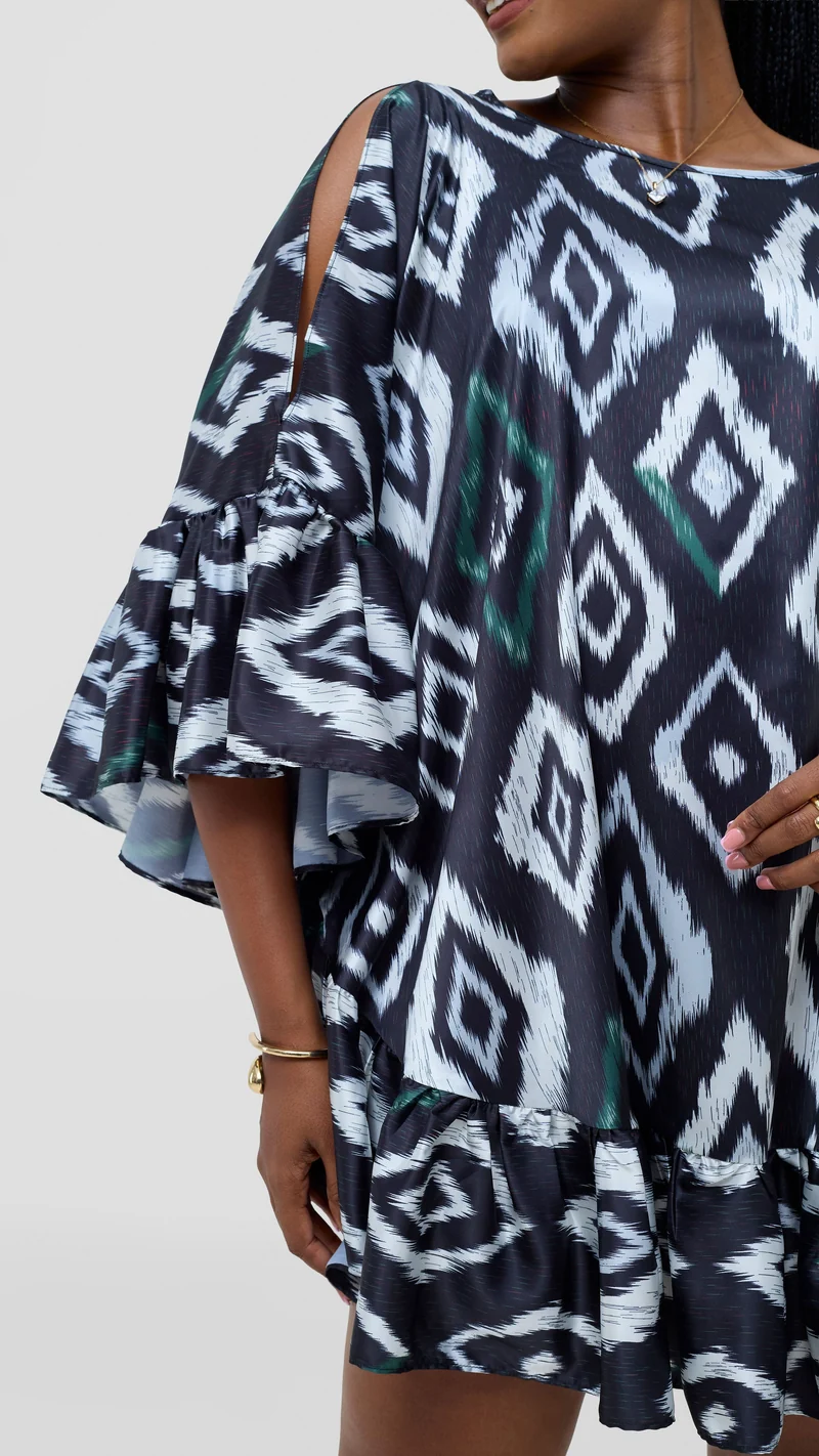 Vivo Chidii Tunic Dress With Frills - Dark Navy Textured Print