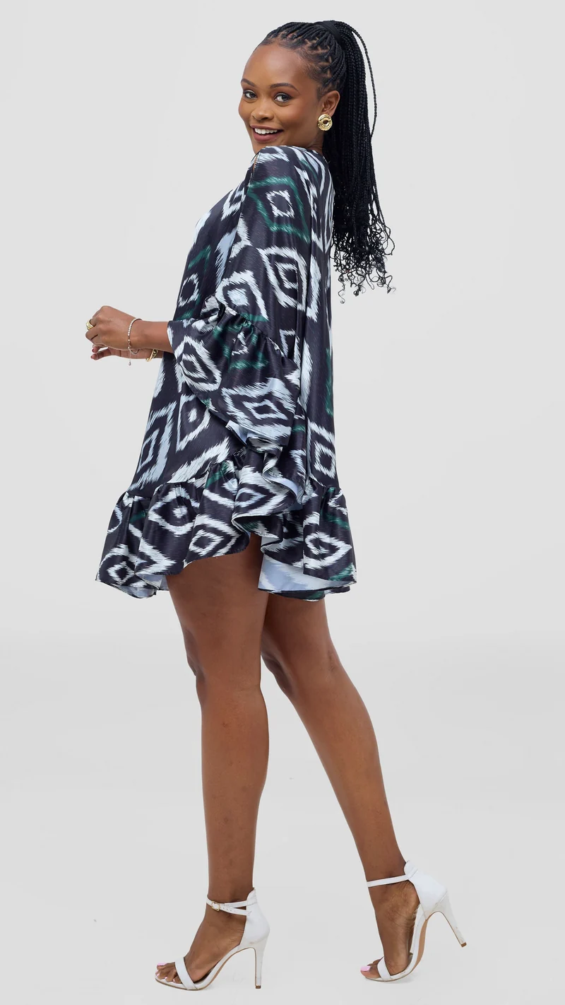 Vivo Chidii Tunic Dress With Frills - Dark Navy Textured Print