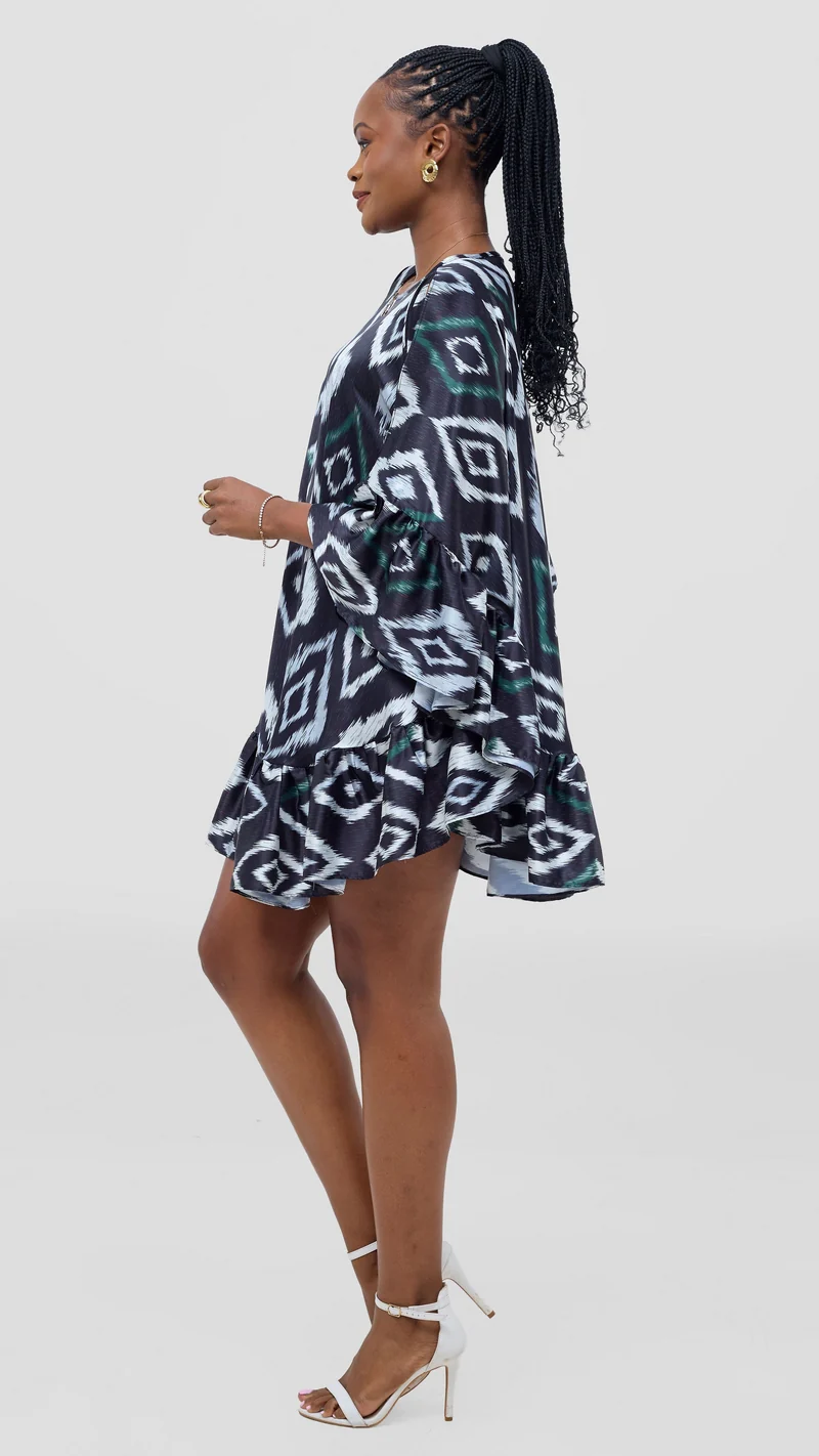 Vivo Chidii Tunic Dress With Frills - Dark Navy Textured Print