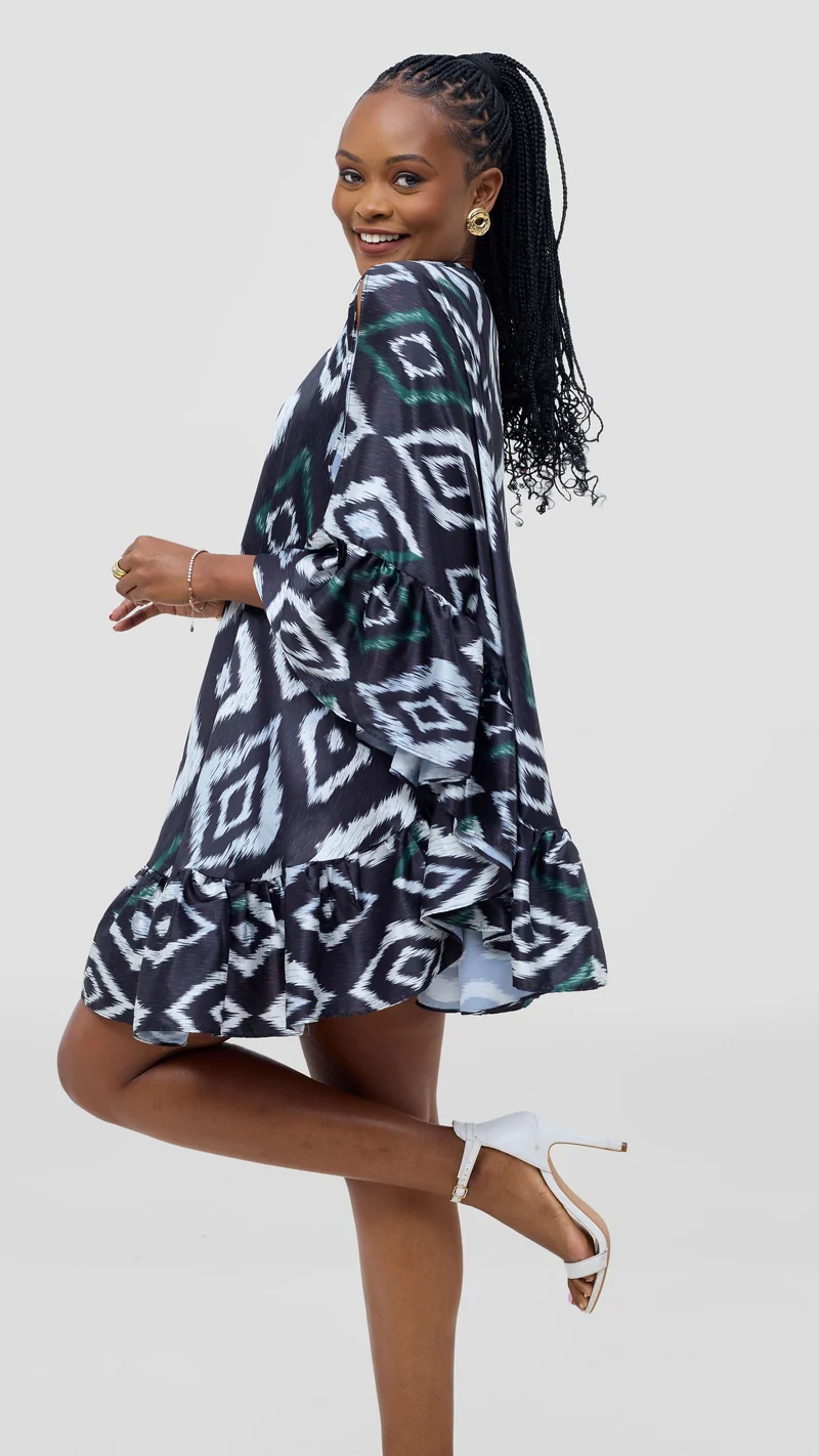 Vivo Chidii Tunic Dress With Frills - Dark Navy Textured Print