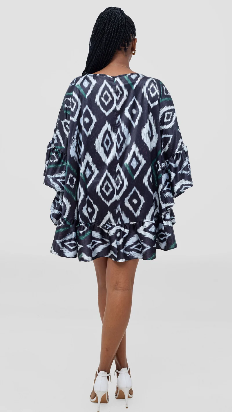 Vivo Chidii Tunic Dress With Frills - Dark Navy Textured Print