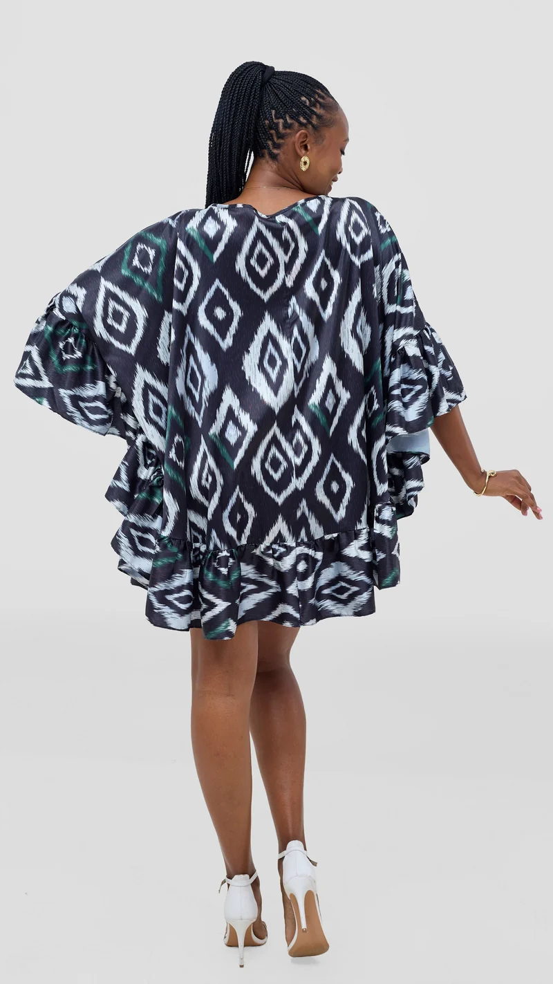 Vivo Chidii Tunic Dress With Frills - Dark Navy Textured Print