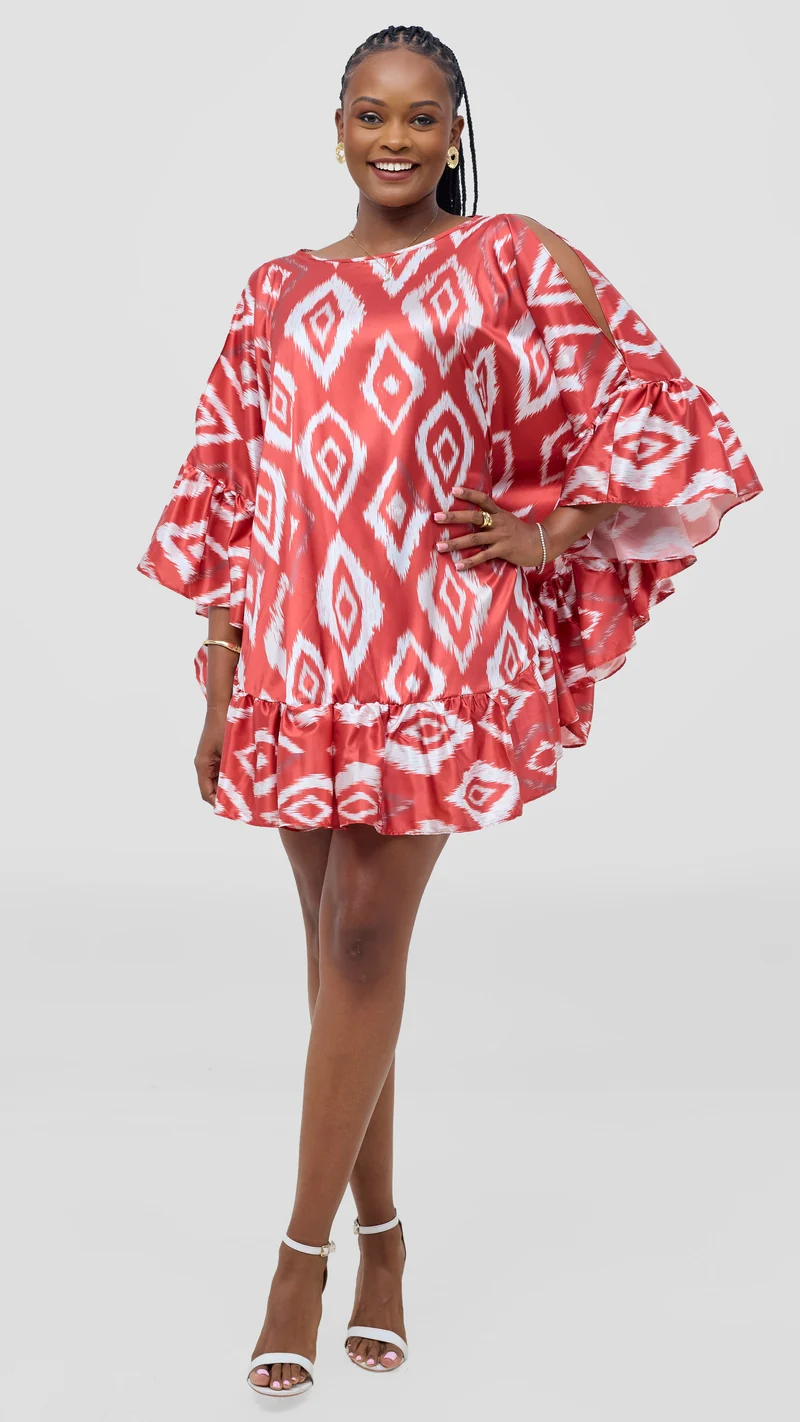 Vivo Chidii Tunic Dress With Frills - Red Textured Print