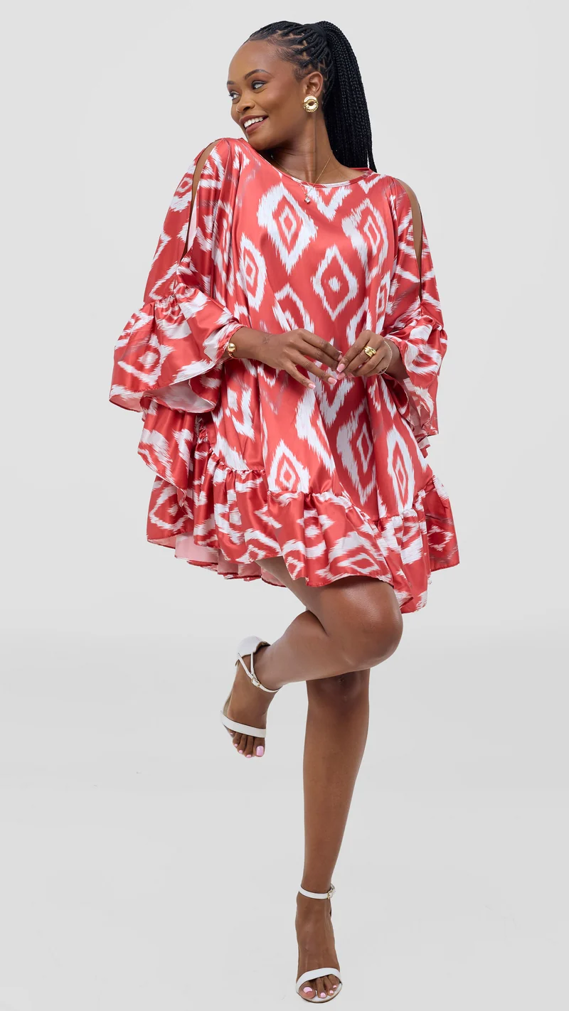 Vivo Chidii Tunic Dress With Frills - Red Textured Print