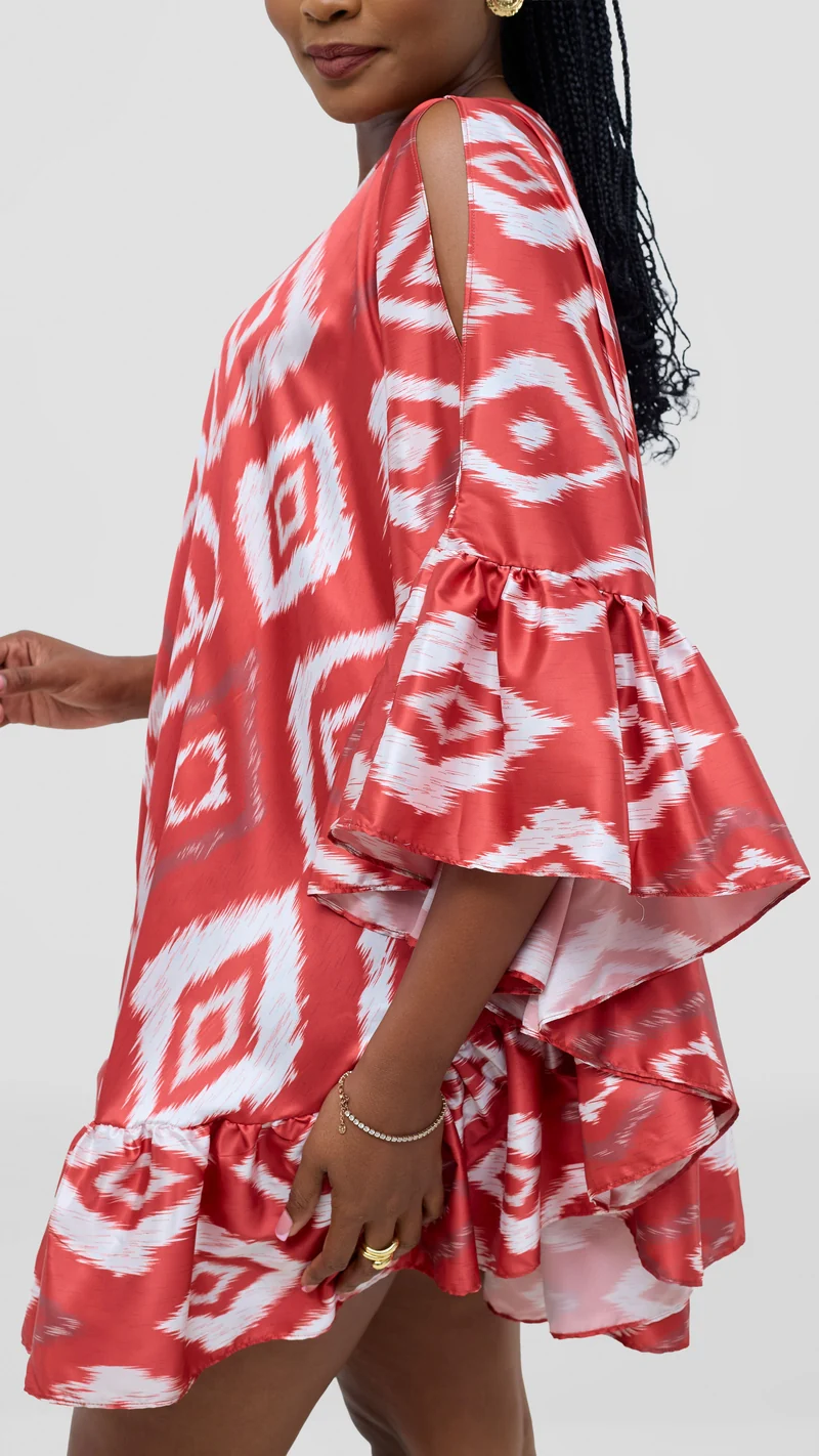Vivo Chidii Tunic Dress With Frills - Red Textured Print